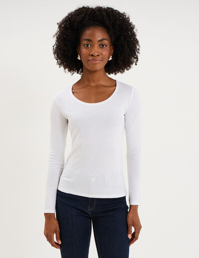 T-shirt coton col rond manches longues blanc femme