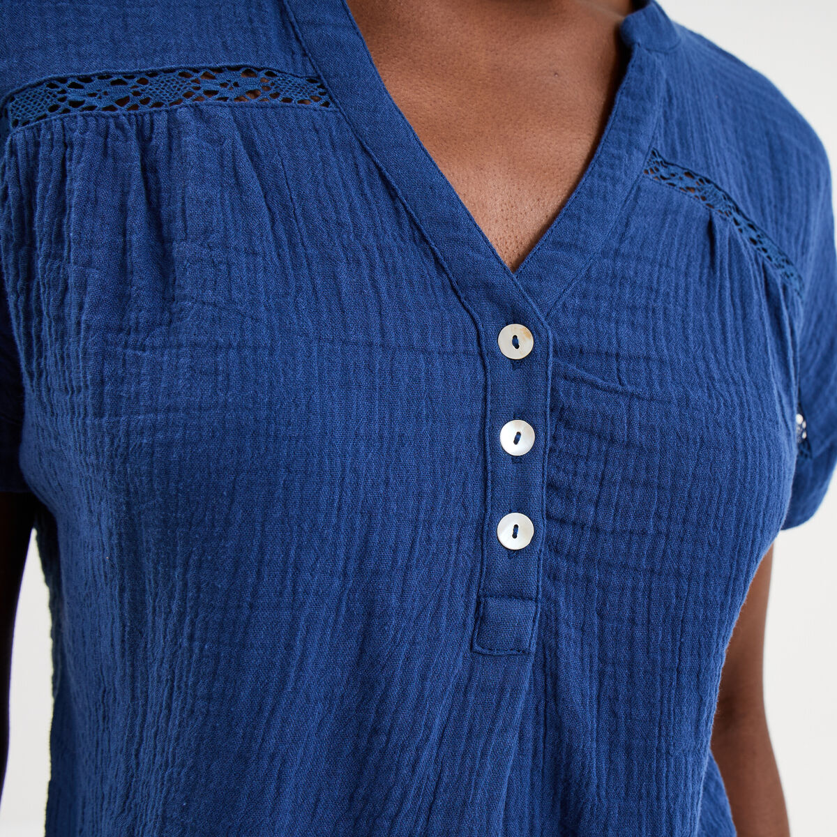 Blouse Col tunisien gaze de coton bleu marine femme