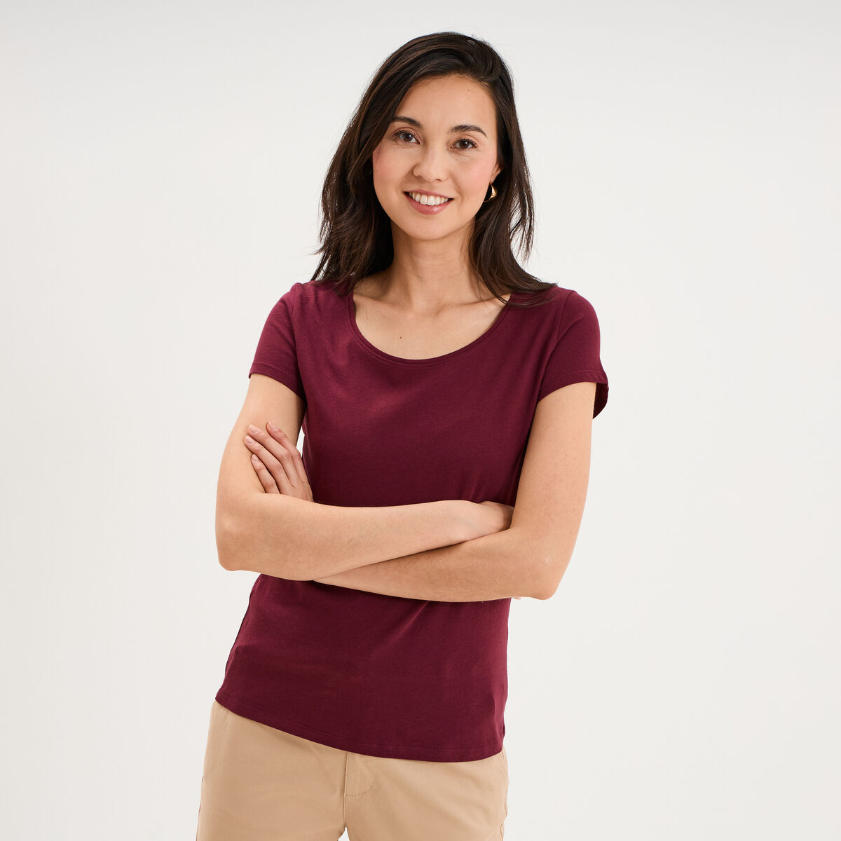 T-shirt coton col rond manches courtes bordeaux femme