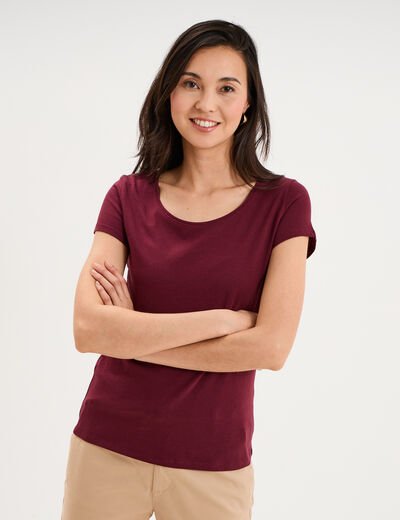 T-shirt coton col rond manches courtes bordeaux femme