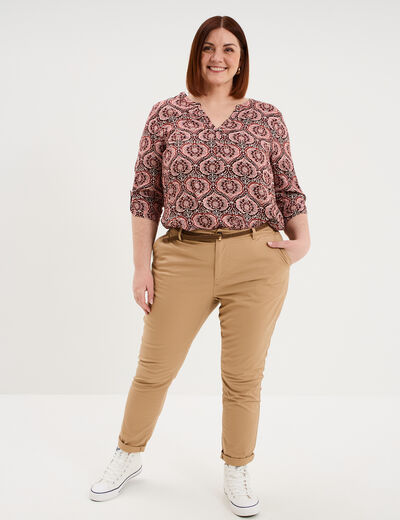 Blouse col tunisien manches 3/4 fluide marron chocolat femme grande taille