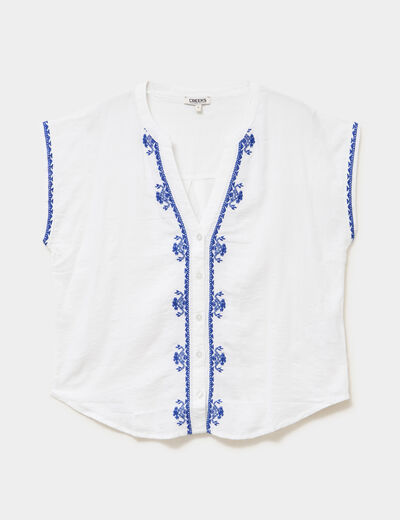 Blouse brod&eacute;e manches courtes blanc femme