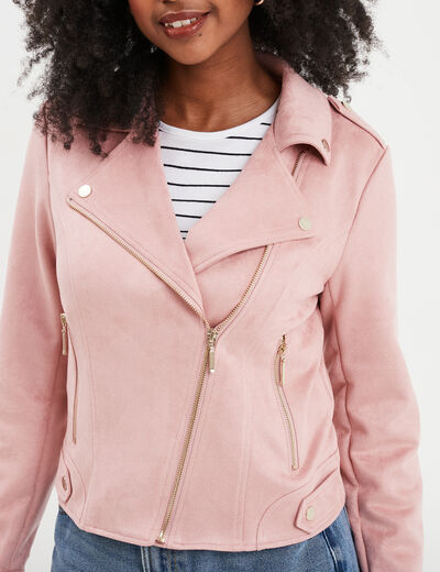 Veste courte esprit biker effet suédine mauve femme