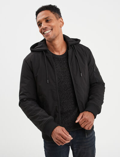 Veste bomber droite à capuche amovible noir homme