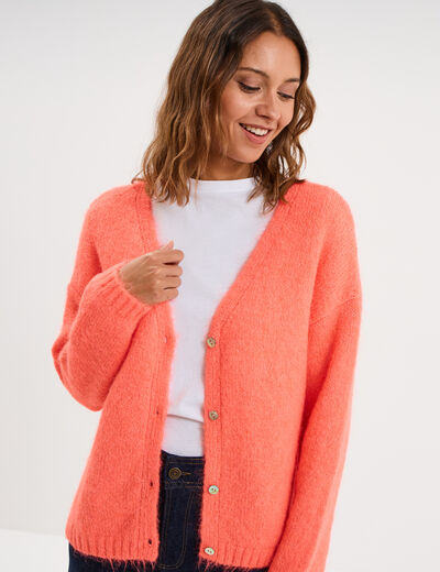 Gilet col en V manches longues rose fluo femme