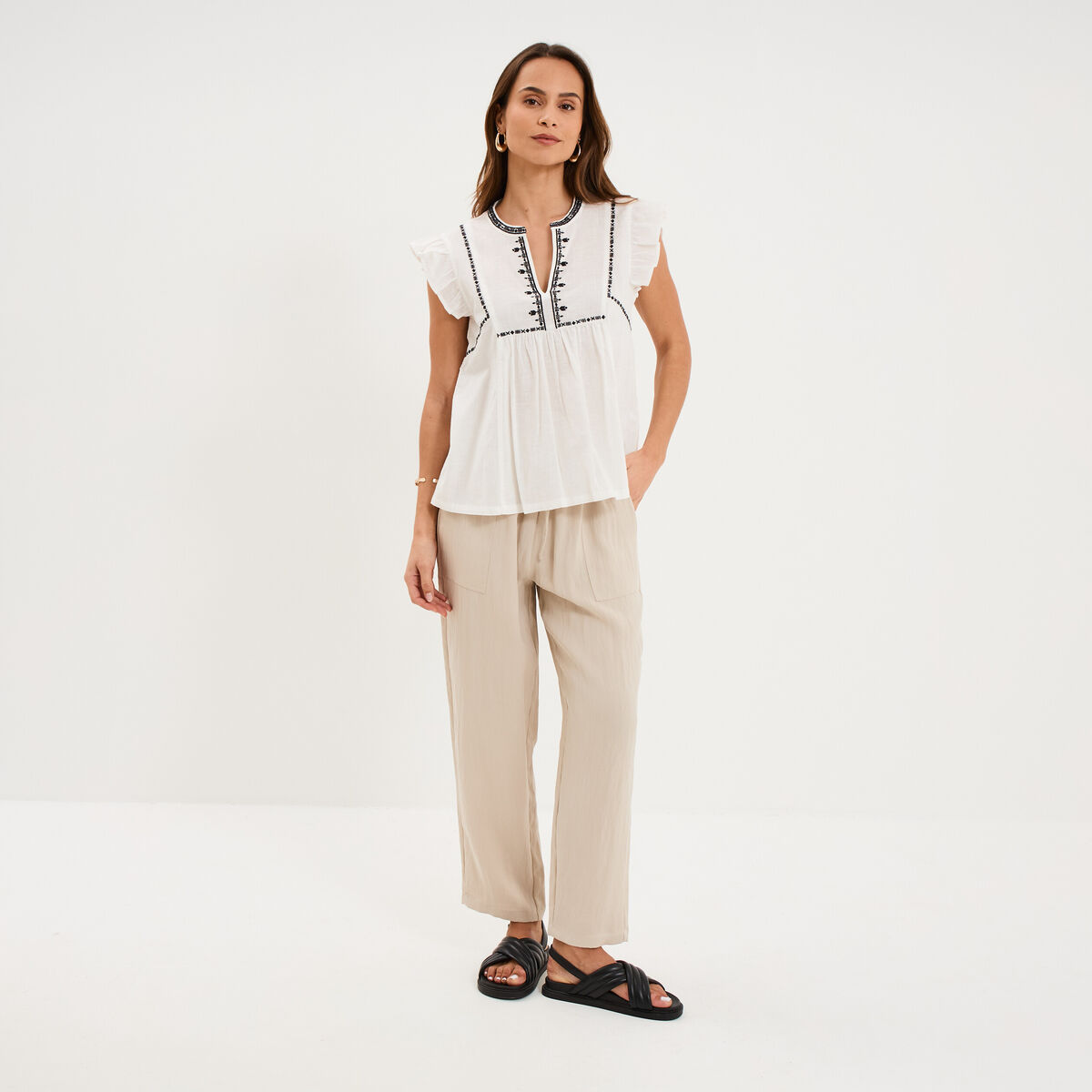Blouse brod&eacute;e &agrave; volants coton blanc femme