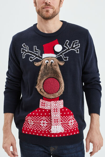 Pull de Noël avec pompon bleu marine homme