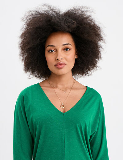 T-shirt col en V manches longues vert femme
