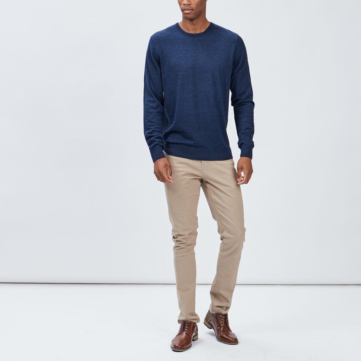Pull droit col rond coton m&eacute;lang&eacute; bleu fonc&eacute; homme