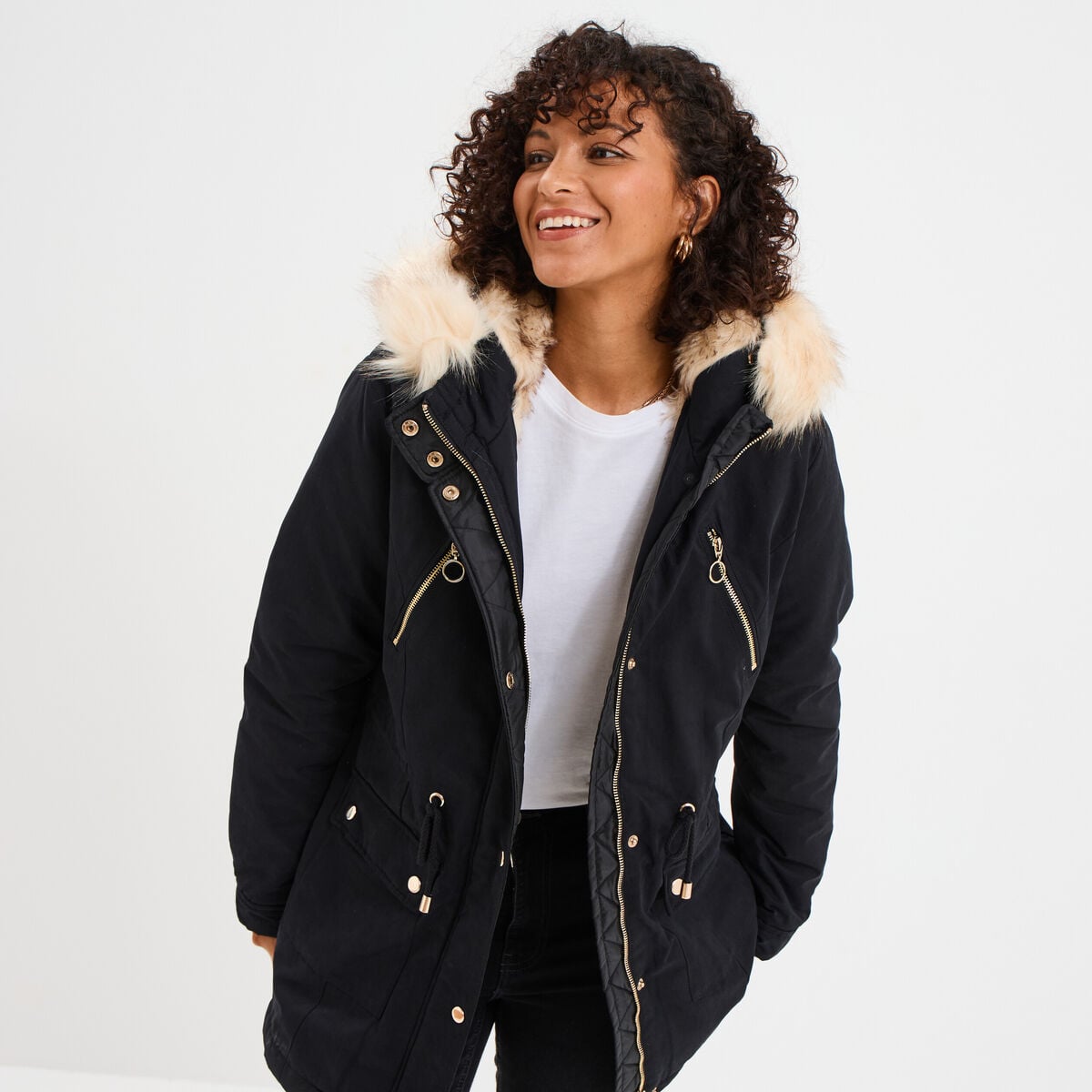 Parka cintr&eacute;e &agrave; capuche fourr&eacute;e amovible noir femme