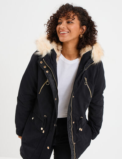 Parka cintrée à capuche fourrée amovible noir femme