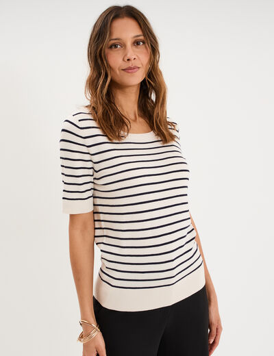 Pull manches courtes col rond sable femme