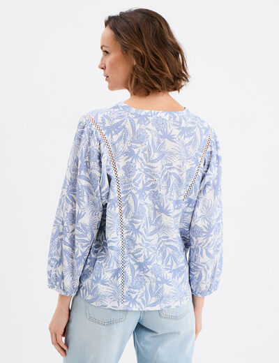 T-shirt ajouré manches 3/4 col en V bleu lavande femme