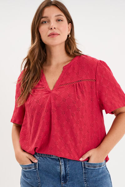 Blouse manches courtes broderie anglaise rose cerise femme grande taille