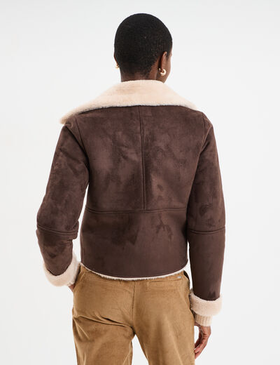 Veste col aviateur zipp&eacute;e doubl&eacute;e marron fonc&eacute; femme