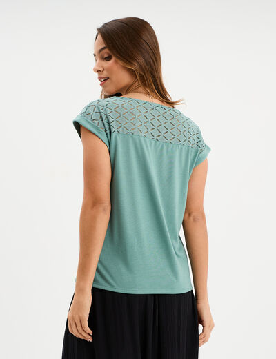 T-shirt dos dentelle col en V bleu gris femme