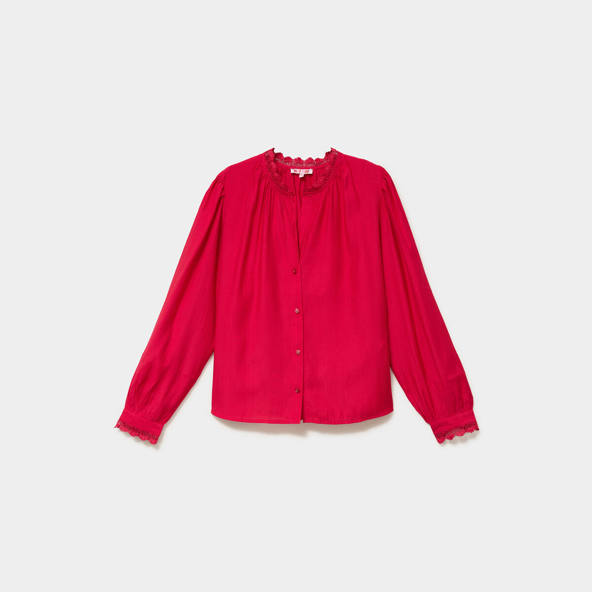 Blouse col montant dentelle rose cerise femme