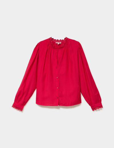 Blouse col montant dentelle rose cerise femme
