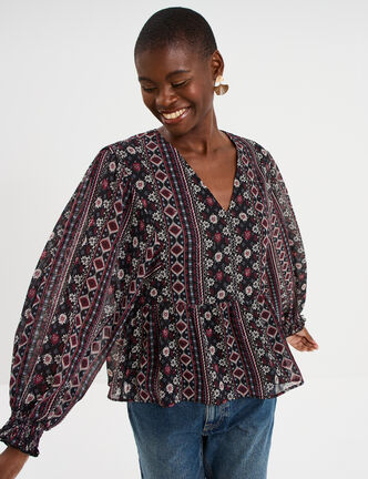 Blouse fluide en voile manches longues noir femme