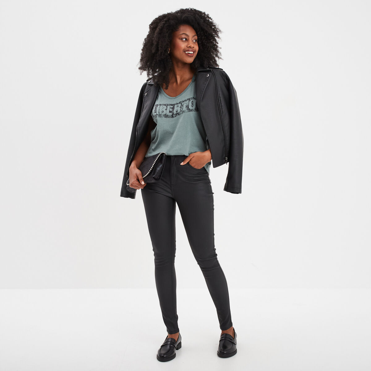 Pantalon enduit skinny push-up noir femme