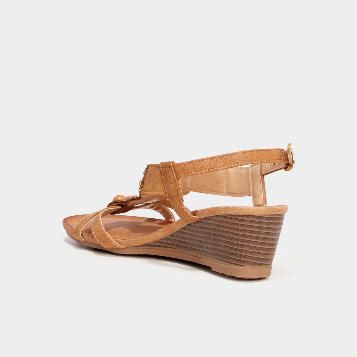 Sandales compens&eacute;es d&eacute;tails bijoux marron femme