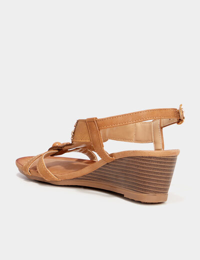 Sandales compens&eacute;es d&eacute;tails bijoux marron femme