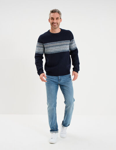 Pull jacquard col rond manches longues bleu fonc&eacute; homme