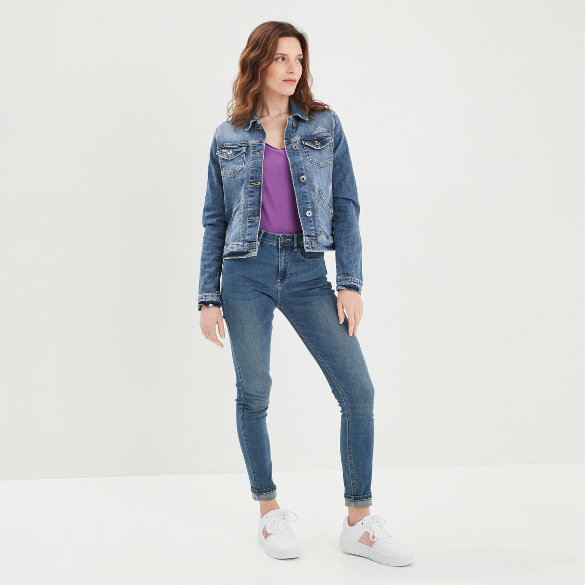 Veste droite boutonn&eacute;e en jean denim double stone femme