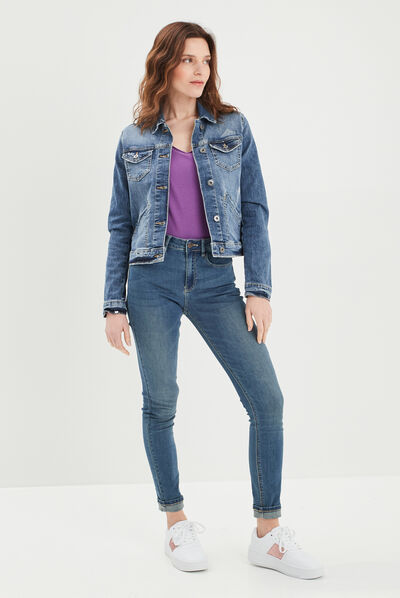 Veste droite boutonnée en jean denim double stone femme