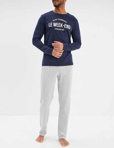 Ensemble pyjama pantalon 2 pièces coton bleu marine homme