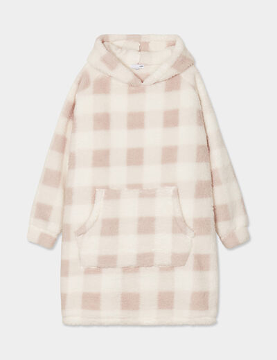 Poncho plaid effet polaire à capuche rose femme