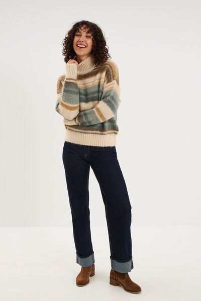 Pull col montant manches longues vert olive femme