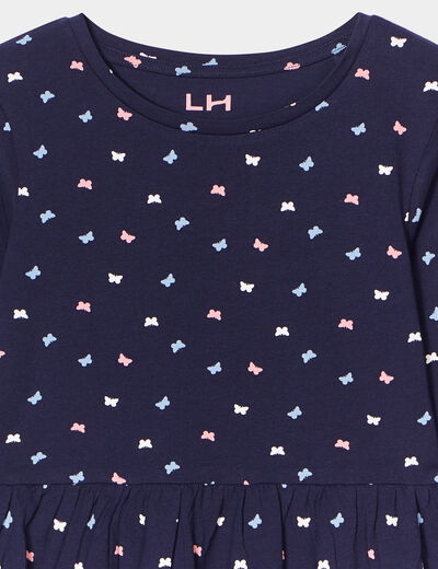 Robe trapèze manches longues coton bleu marine fille