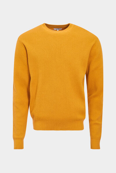 Pull avec col rond à relief jaune moutarde homme