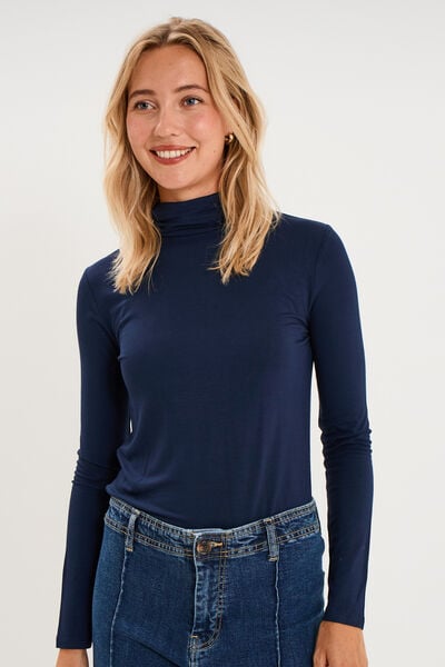 T-shirt manches longues col roul&eacute; bleu marine femme