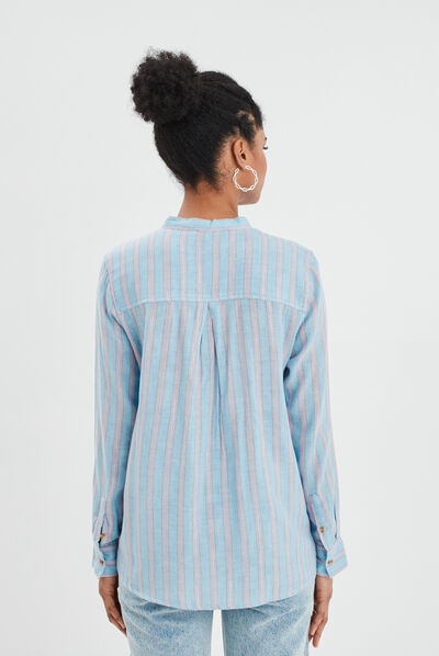 Chemise manches longues col mao bleu clair femme
