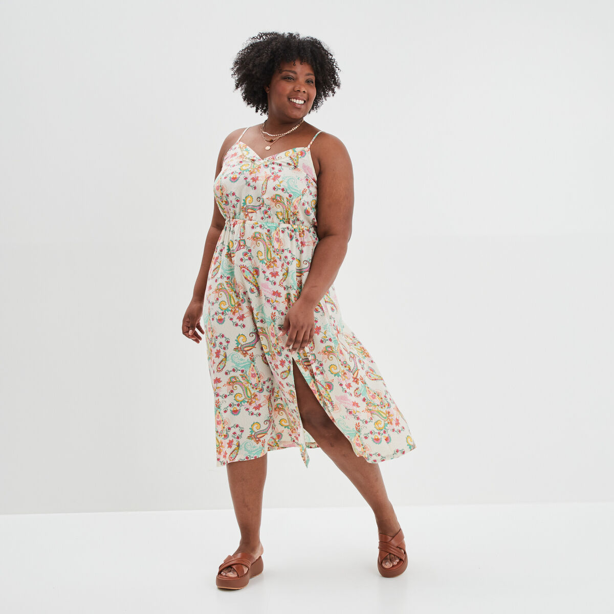Robe cintr&eacute;e &agrave; bretelles ecru femme grande taille