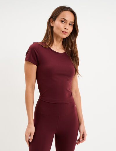 T-shirt de sport court ajust&eacute; violet fonc&eacute; femme