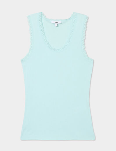 Débardeur coton bords dentelle bleu turquoise femme
