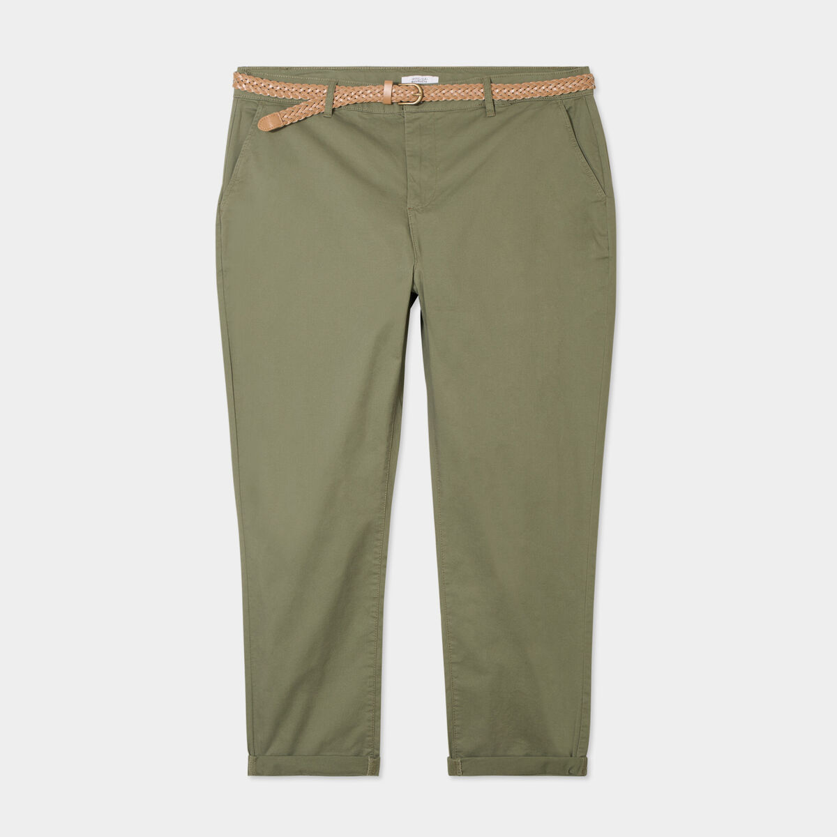 Pantalon chino cigarette ceinturé coton vert kaki femme grande taille