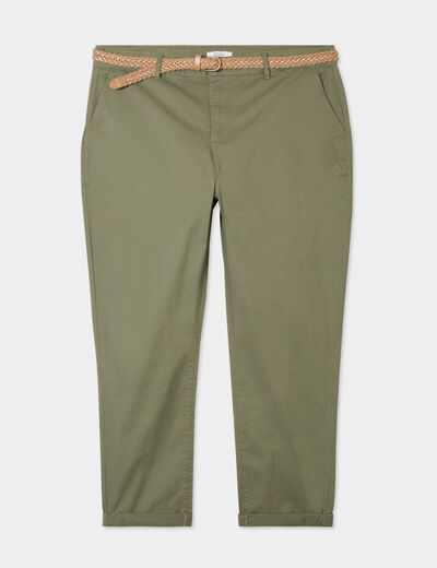 Pantalon chino cigarette ceinturé coton vert kaki femme grande taille
