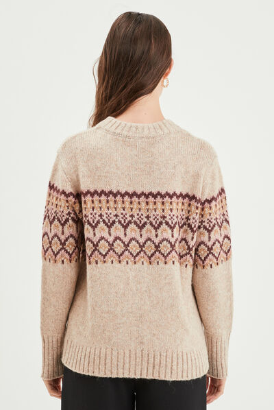 Pull jacquard col rond manches longues beige femme