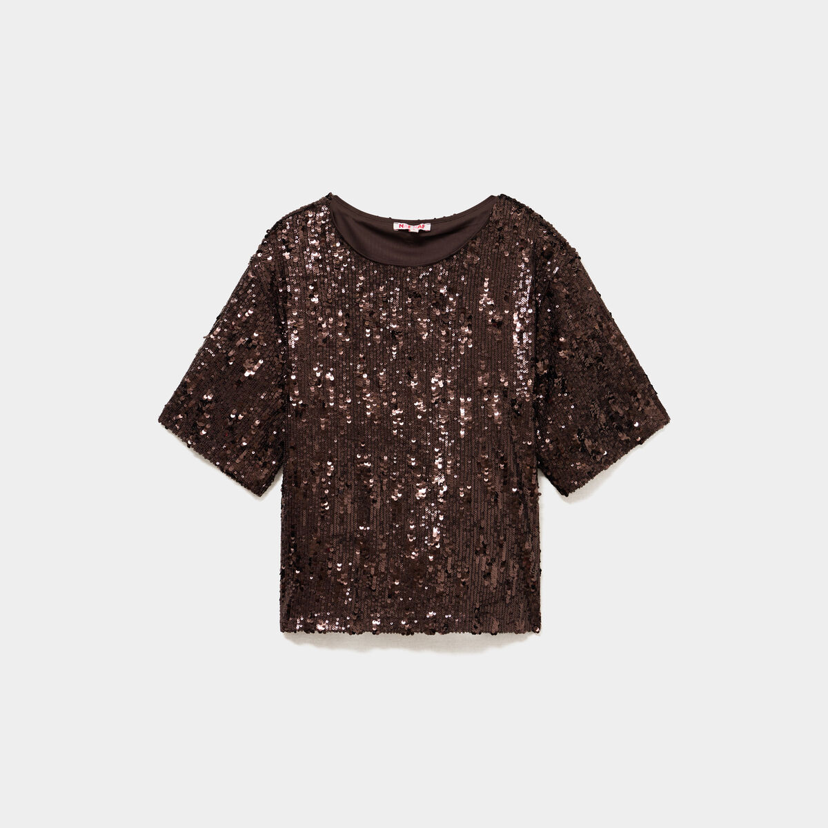 T-shirt &agrave; sequins manches courtes marron fonc&eacute; femme