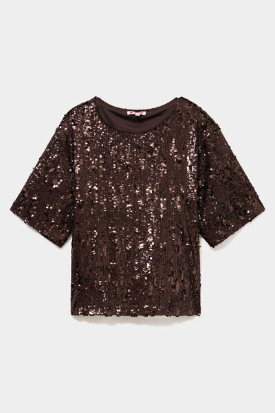 T-shirt &agrave; sequins manches courtes marron fonc&eacute; femme