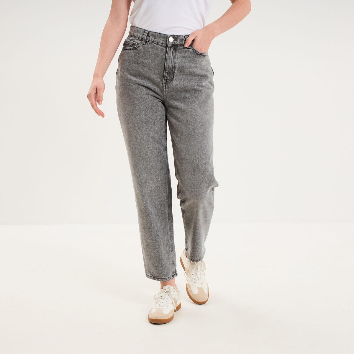 Jeans mom cropped taille haute denim gris clair femme