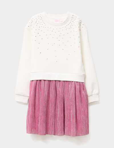 Robe sweat à strass avec tulle ivoire fille