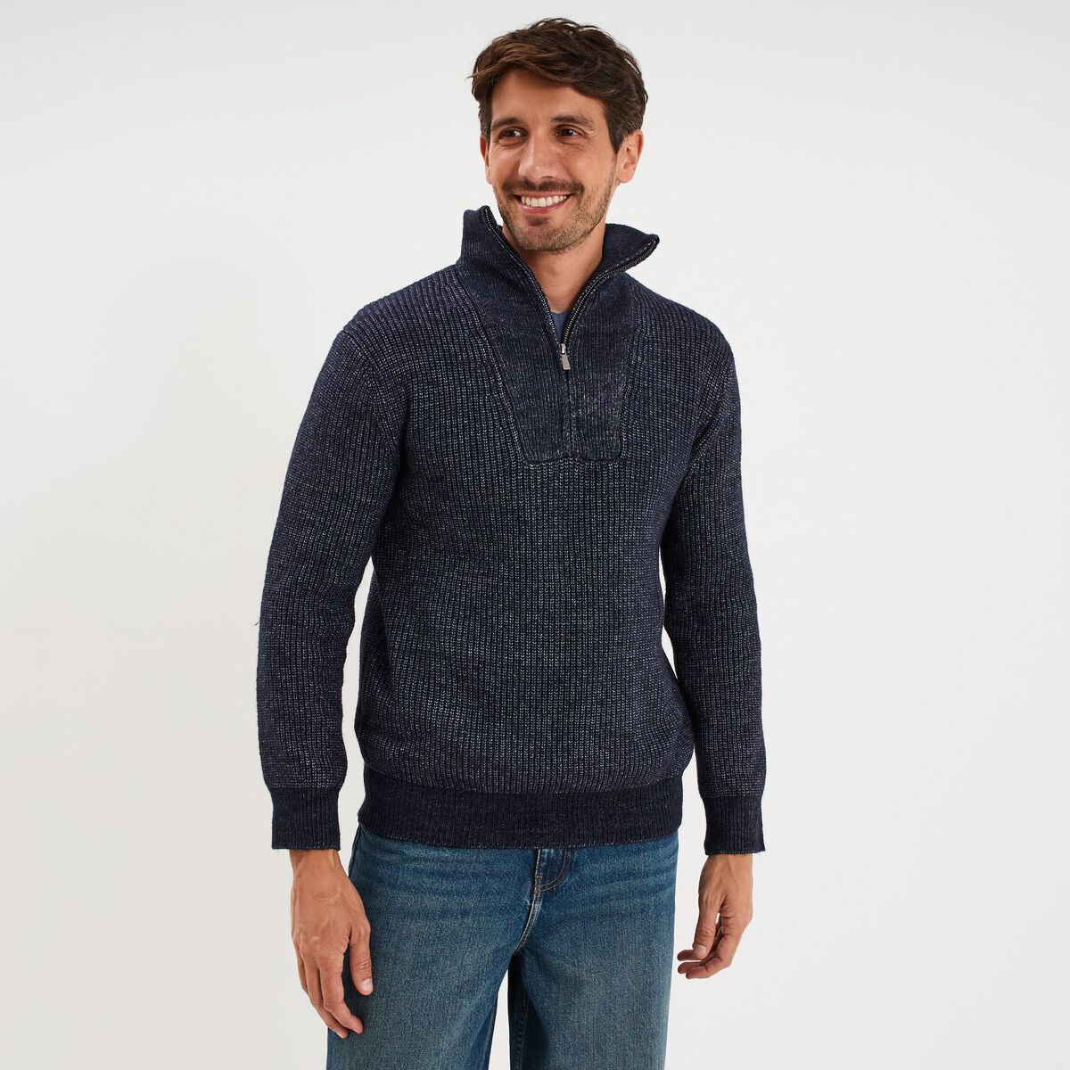 Pull avec col camionneur c&ocirc;tel&eacute; bleu fonc&eacute; homme