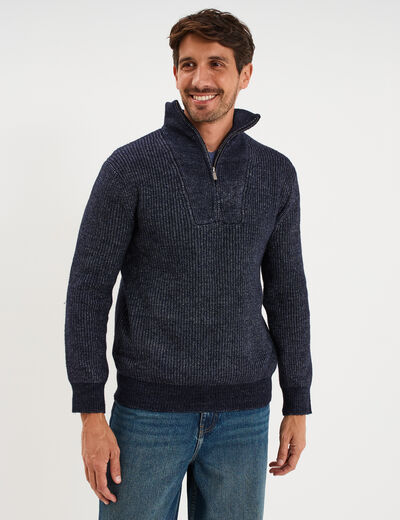 Pull avec col camionneur c&ocirc;tel&eacute; bleu fonc&eacute; homme