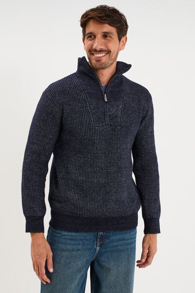 Pull avec col camionneur c&ocirc;tel&eacute; bleu fonc&eacute; homme
