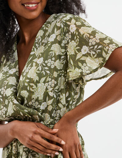 Robe longue évasée col cache-coeur vert kaki femme
